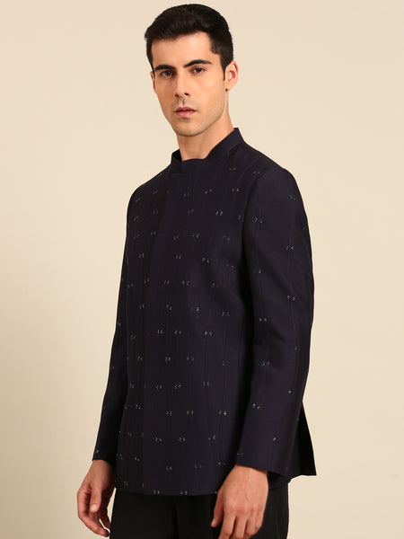 Navy Blue Cotton Silk Bandhgala - MMJ0171