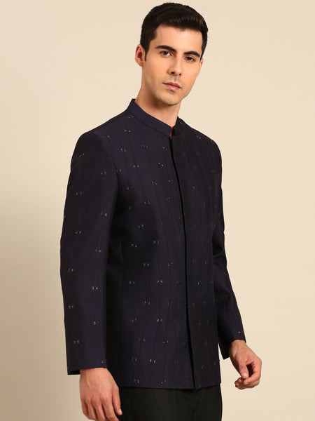 Navy Blue Cotton Silk Bandhgala - MMJ0171