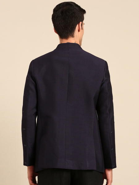 Navy Blue Cotton Silk Bandhgala - MMJ0171