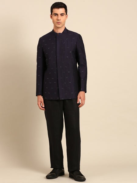 Navy Blue Cotton Silk Bandhgala - MMJ0171