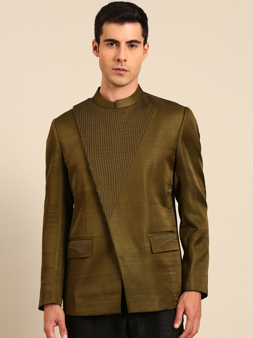 Mehendi Green Bemberg Silk Bandhgala - MMJ0172