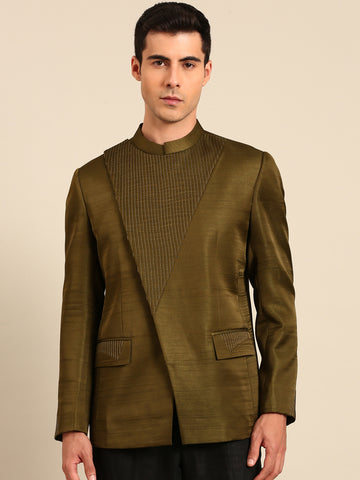 Mehendi Green Bemberg Silk Bandhgala - MMJ0172