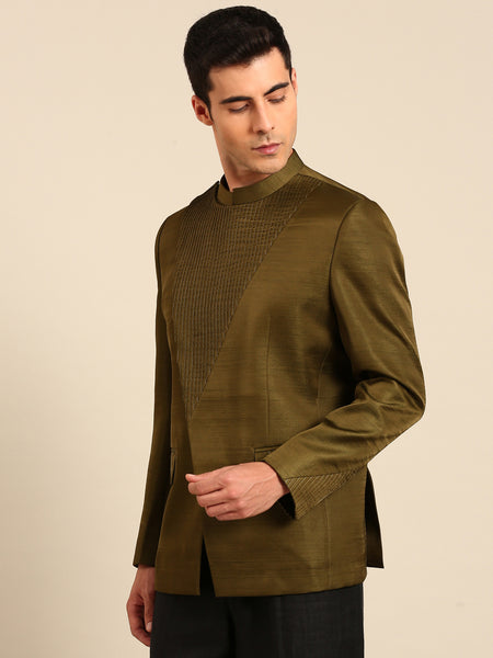 Mehendi Green Bemberg Silk Bandhgala - MMJ0172