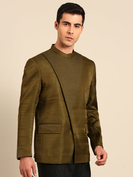 Mehendi Green Bemberg Silk Bandhgala - MMJ0172