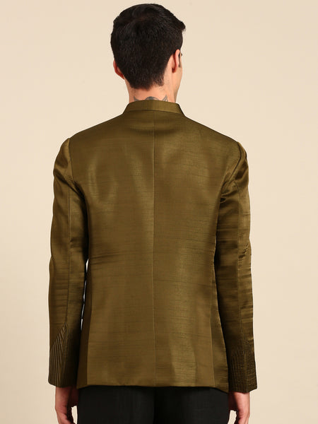 Mehendi Green Bemberg Silk Bandhgala - MMJ0172