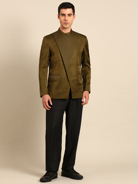 Mehendi Green Bemberg Silk Bandhgala - MMJ0172