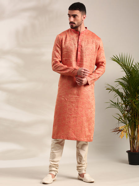 Orange Silk Jaquard Kurta Set - MMK0596