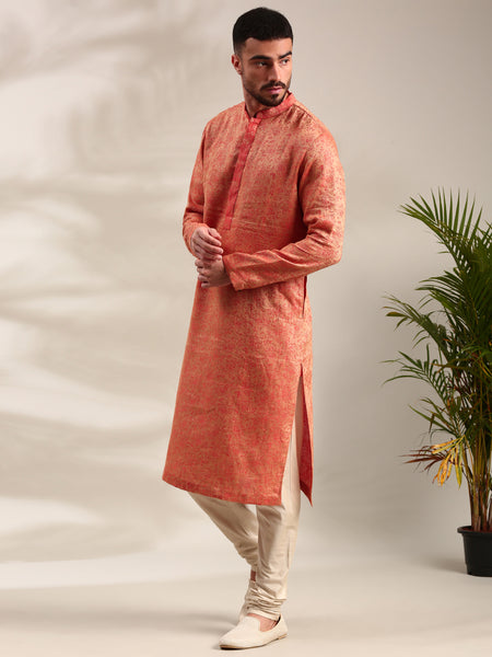 Orange Silk Jaquard Kurta Set - MMK0596