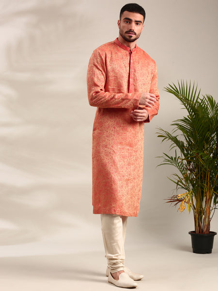 Orange Silk Jaquard Kurta Set - MMK0596