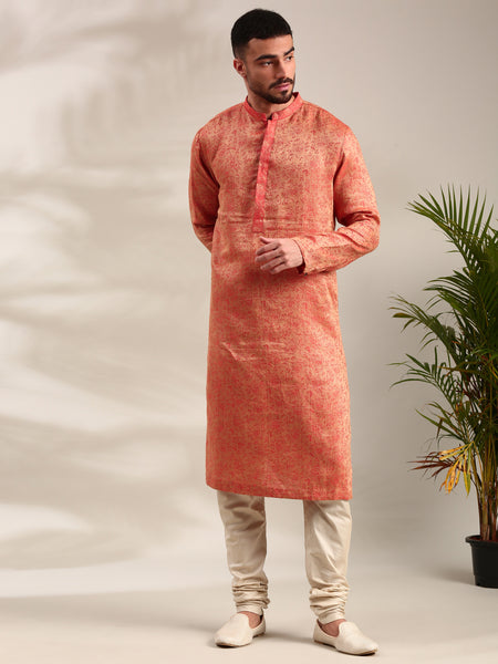 Orange Silk Jaquard Kurta Set - MMK0596