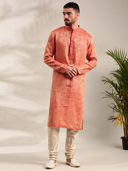 Orange Silk Jaquard Kurta Set - MMK0596