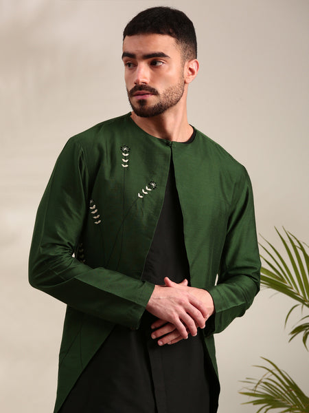 Green & Black Cotton Silk Kurta Set - MMK0607