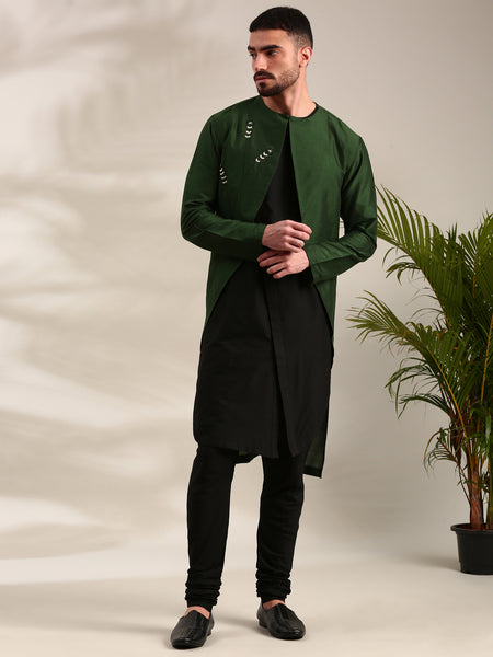 Green & Black Cotton Silk Kurta Set - MMK0607