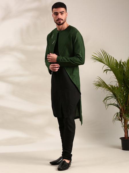 Green & Black Cotton Silk Kurta Set - MMK0607