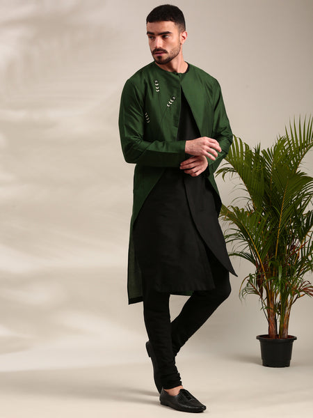 Green & Black Cotton Silk Kurta Set - MMK0607