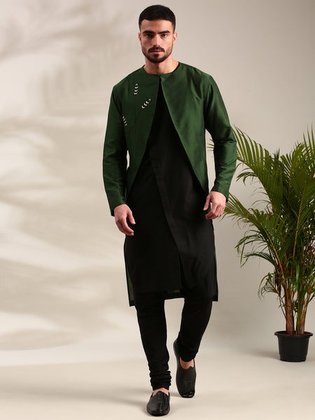 Green & Black Cotton Silk Kurta Set - MMK0607