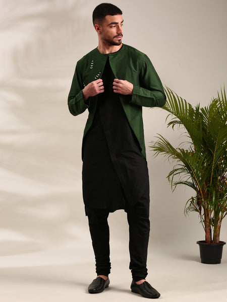 Green & Black Cotton Silk Kurta Set - MMK0607