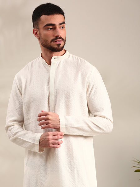 Ivory Silk Cotton Jaquard Kurta Set - MMK0617