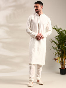 Ivory Silk Cotton Jaquard Kurta Set - MMK0617