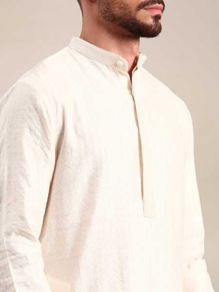 Ivory Silk Cotton Jaquard Kurta Set - MMK0617