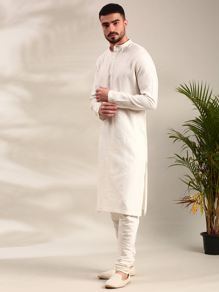 Ivory Silk Cotton Jaquard Kurta Set - MMK0617