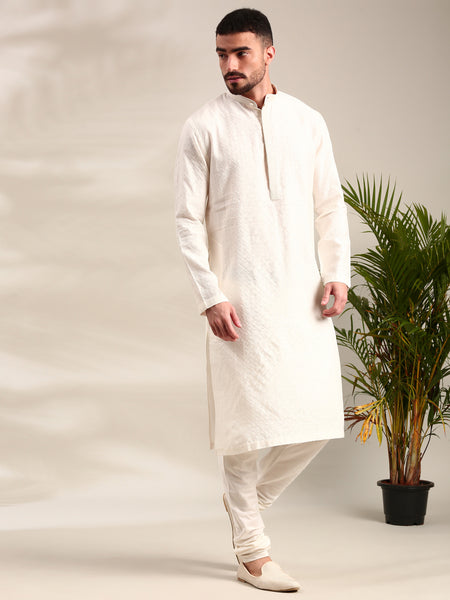 Ivory Silk Cotton Jaquard Kurta Set - MMK0617