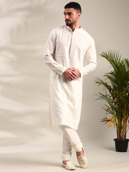 Ivory Silk Cotton Jaquard Kurta Set - MMK0617