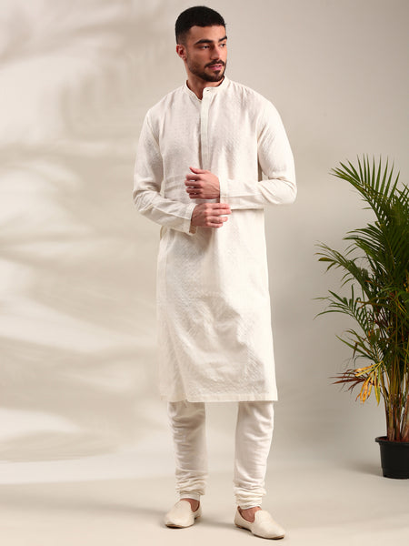 Ivory Silk Cotton Jaquard Kurta Set - MMK0617