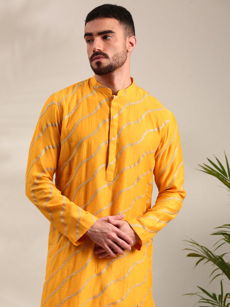 Yellow Embroidered Chanderi Kurta Set - MMK0618