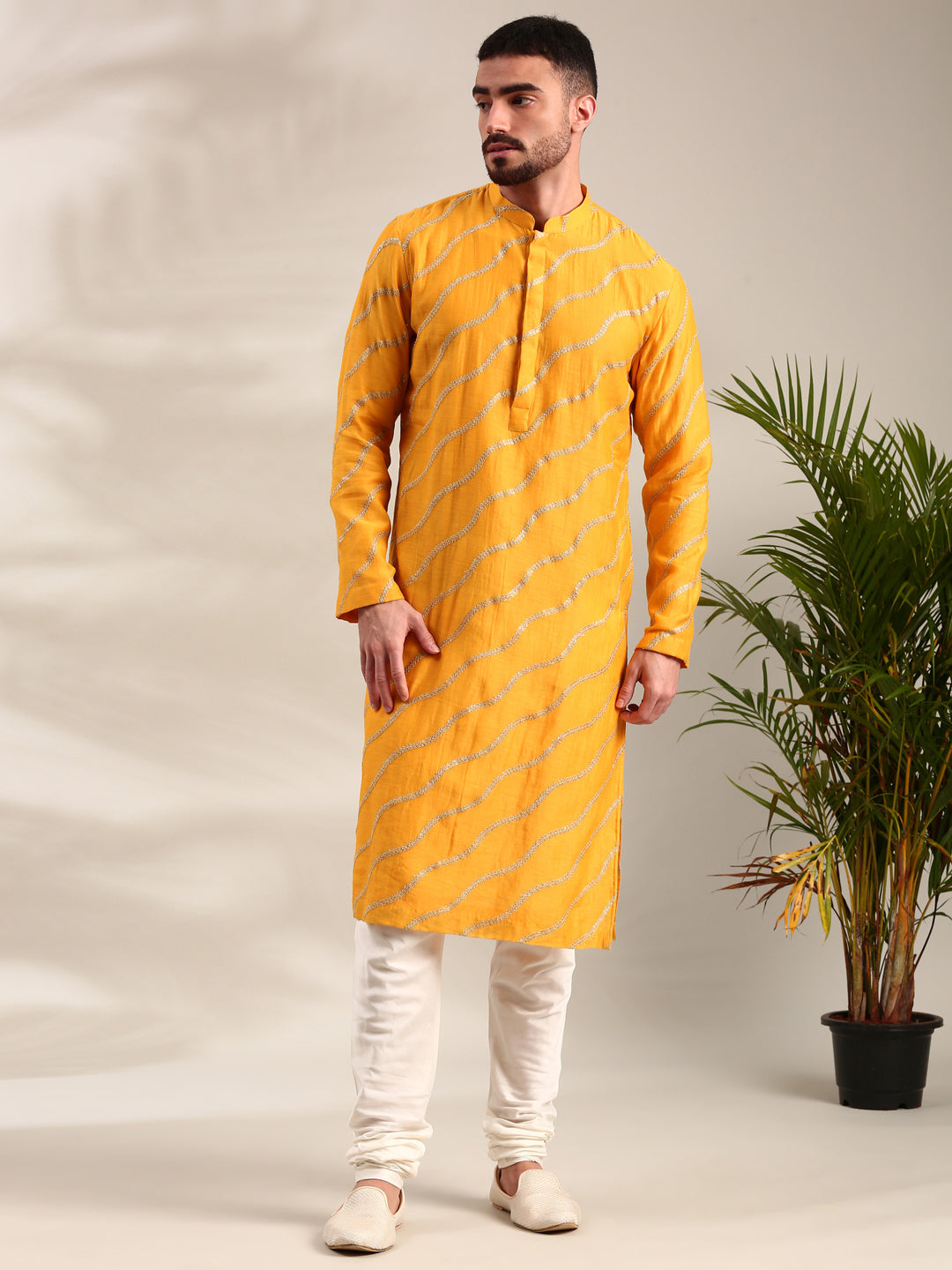 Yellow Embroidered Chanderi Kurta Set - MMK0618