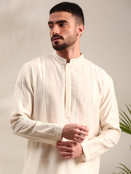 Ivory Embroidered Chanderi Kurta Set - MMK0619