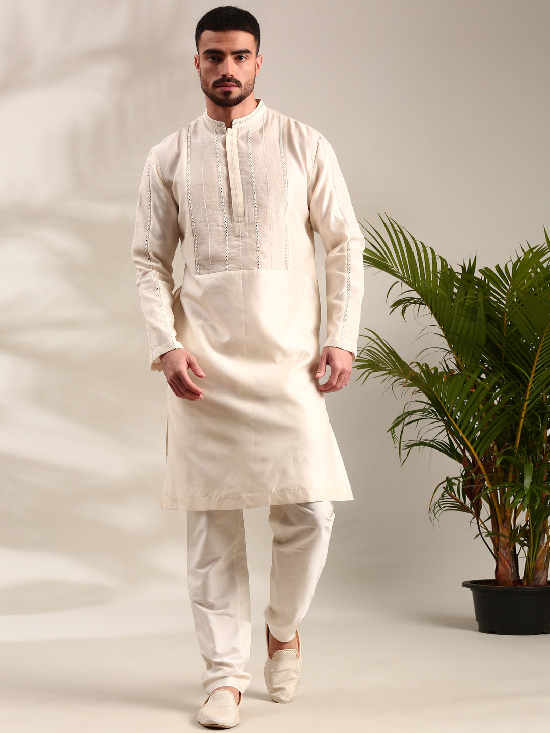 Ivory Embroidered Chanderi Kurta Set - MMK0619