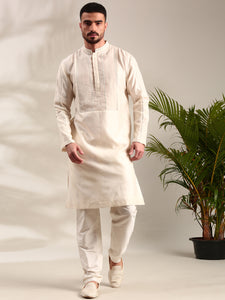 Ivory Embroidered Chanderi Kurta Set - MMK0619