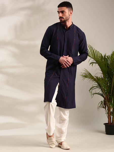 Navy Blue Cotton Silk Kurta Set - MMK0624