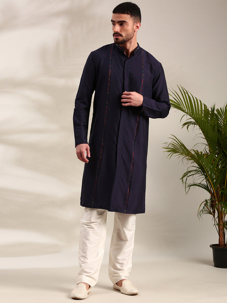 Navy Blue Cotton Silk Kurta Set - MMK0624