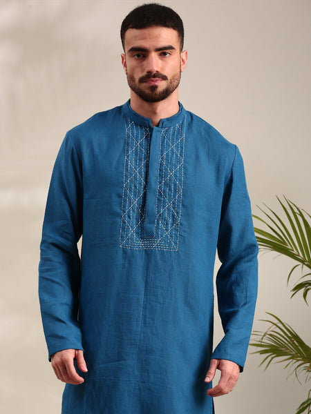 Blue Linen Kurta Set - MMK0625