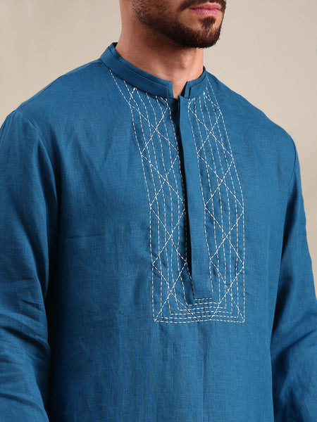 Blue Linen Kurta Set - MMK0625