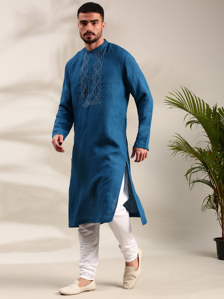 Blue Linen Kurta Set - MMK0625