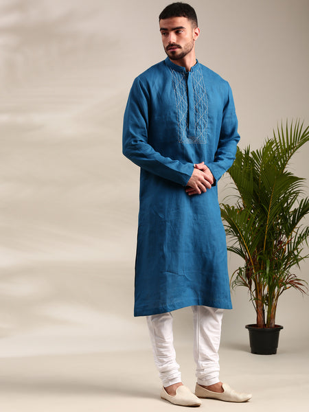 Blue Linen Kurta Set - MMK0625