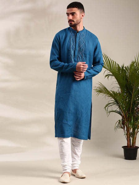 Blue Linen Kurta Set - MMK0625