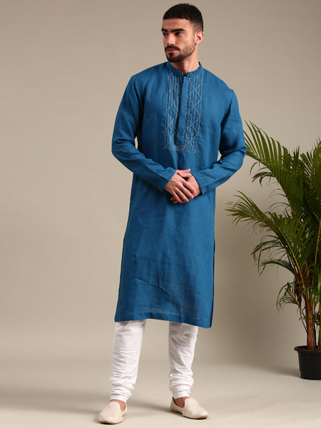 Blue Linen Kurta Set - MMK0625