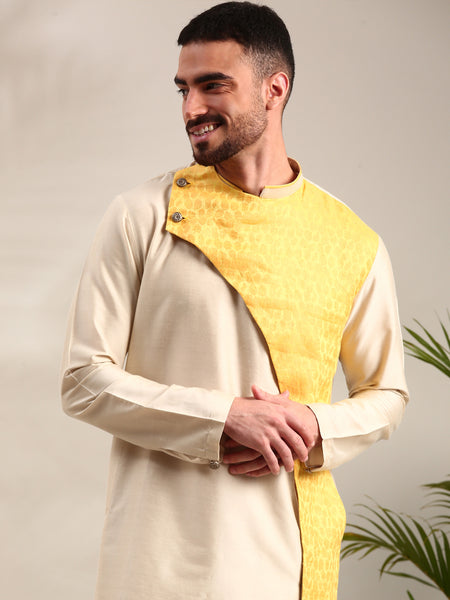 Beige & Yellow Linen Silk Kurta Set - MMK0626