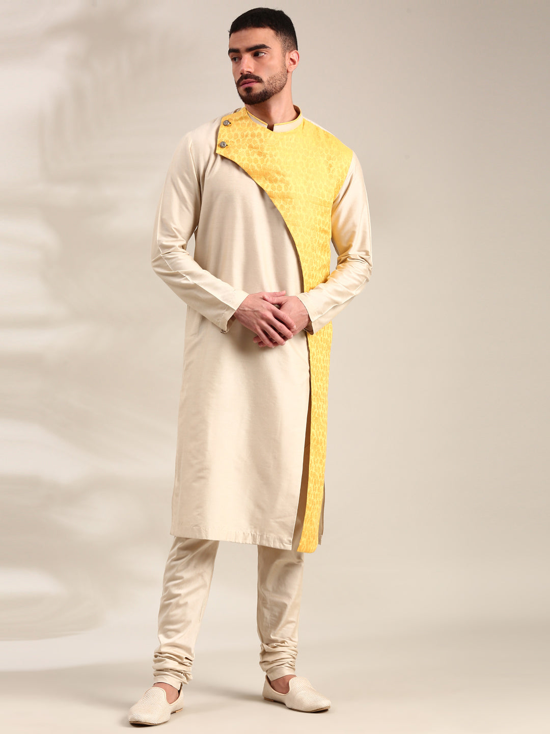 Beige & Yellow Linen Silk Kurta Set - MMK0626