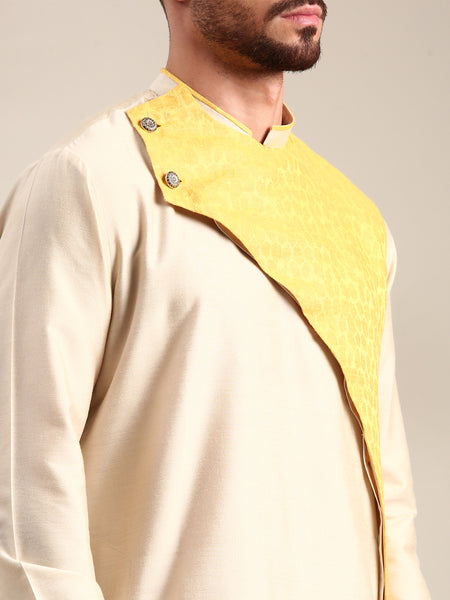 Beige & Yellow Linen Silk Kurta Set - MMK0626