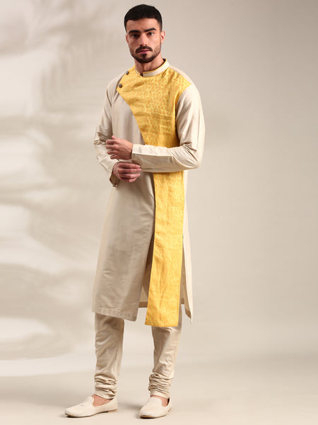 Beige & Yellow Linen Silk Kurta Set - MMK0626