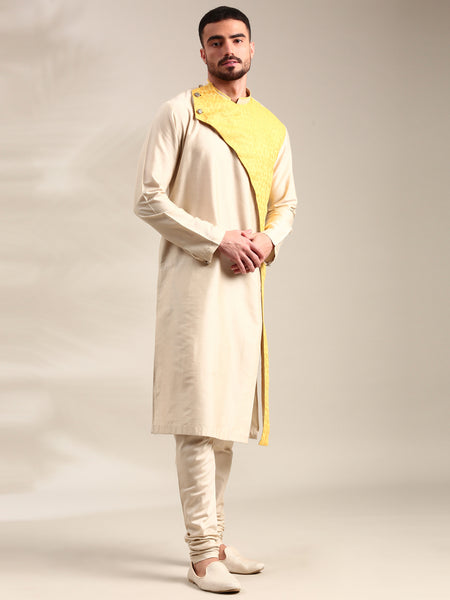 Beige & Yellow Linen Silk Kurta Set - MMK0626