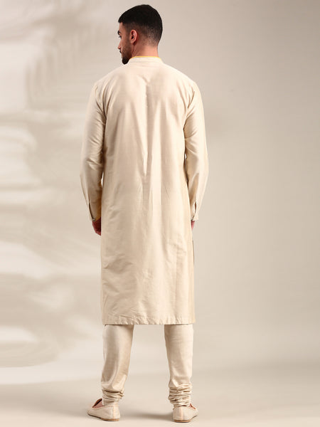 Beige & Yellow Linen Silk Kurta Set - MMK0626