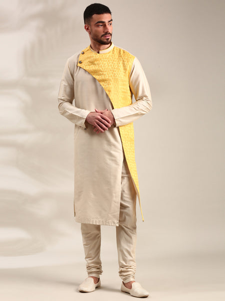 Beige & Yellow Linen Silk Kurta Set - MMK0626