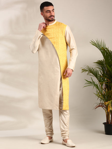 Beige & Yellow Linen Silk Kurta Set - MMK0626