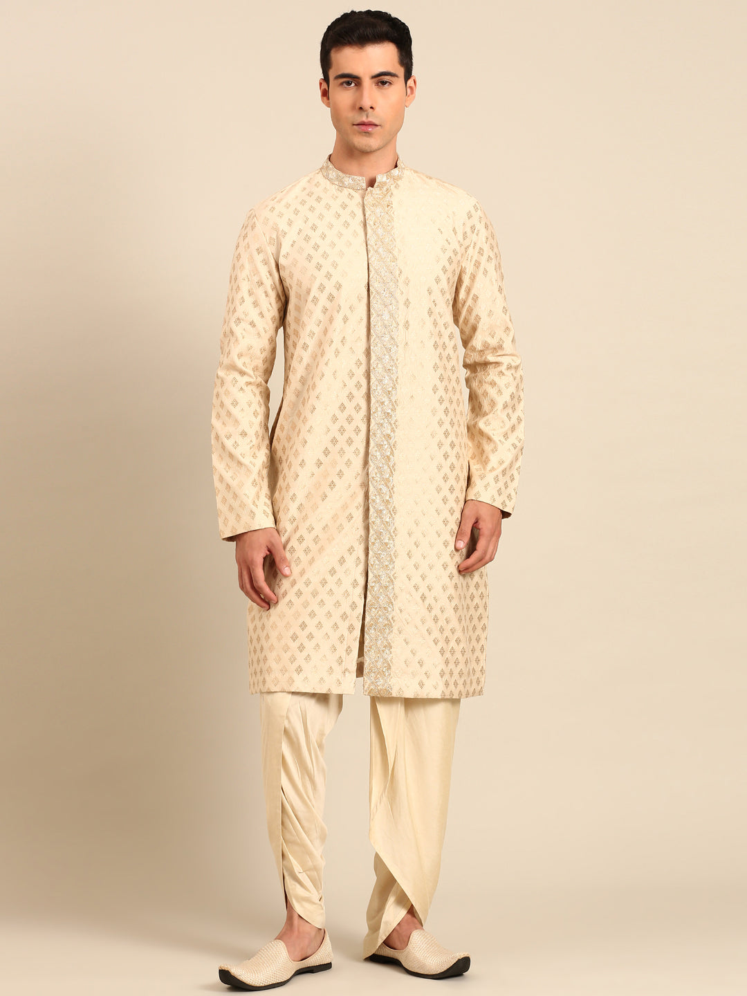 Beige Gold Silk Banares Kurta Set - MMK0632